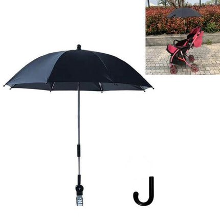 Universal Stroller Umbrella for Sun and Rain Protection attached to stroller with adjustable clamp and canopy