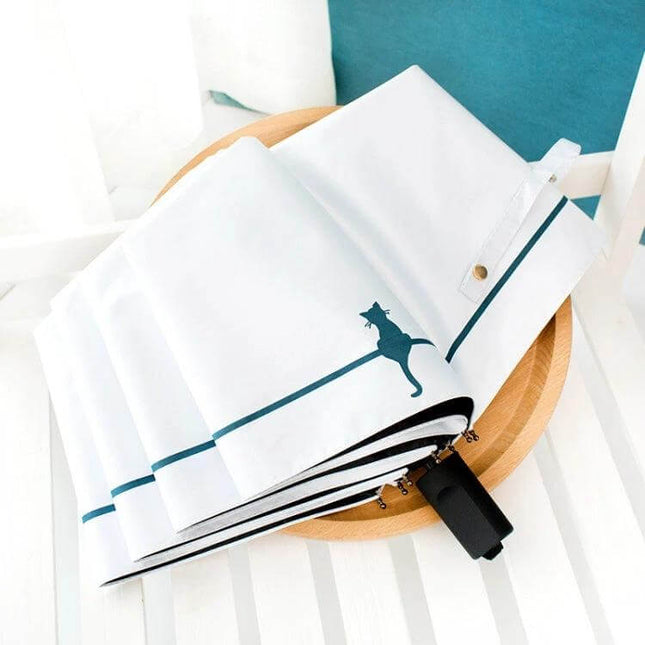 Black Dual-Use Sun and Rain Umbrella for Everyday Protection - compact black-handle umbrella with white canopy and teal cat stripe design