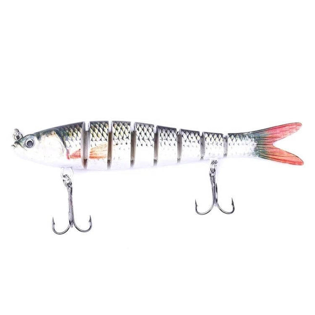 Luya Knotty Fish Plastic Bionic Hard Bait for Sea Fishing - 13.7cm segmented silver saltwater lure with 3D eyes and treble hooks