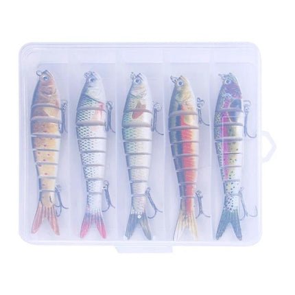 Luya Knotty Fish Plastic Bionic Hard Bait for Sea Fishing – set of five multi-joint saltwater lures in clear tackle box, 13.7cm 27g realistic 3D eyes