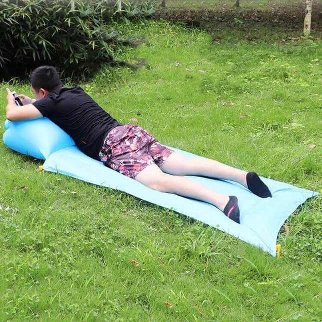 Outdoor Waterproof Picnic Mat Single Size for Ground Use — single 85x210cm waterproof mat with soft air pillow, four ground nails, compact 15x10x35cm pack