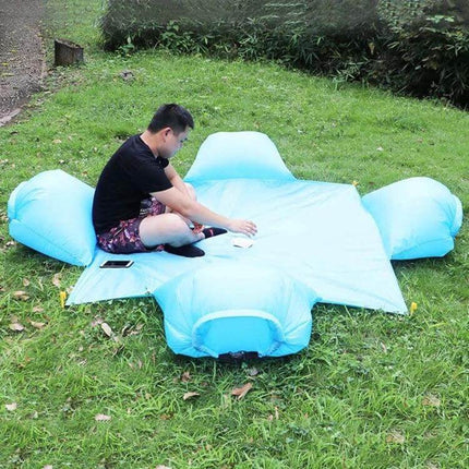 Outdoor Waterproof Picnic Mat Single Size for Ground Use laid flat on grass with soft air pillow cushions and ground nails for stability