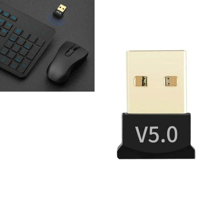 USB Bluetooth Adapter for Wireless Computer Connectivity and Devices shown next to wireless mouse and keyboard, compact Bluetooth V5.0 USB dongle