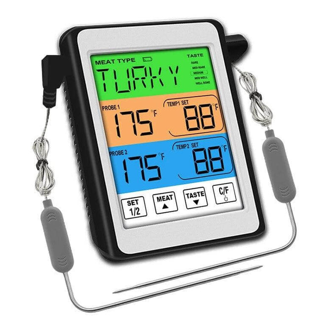 Dual Probe Color Screen Grill Thermometer Orange Backlight showing dual probes and vivid color display for grilling and roasting