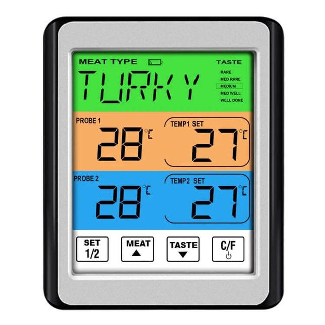 Dual Probe Color Screen Grill Thermometer Orange Backlight showing dual probe temps, vivid color display and menu buttons
