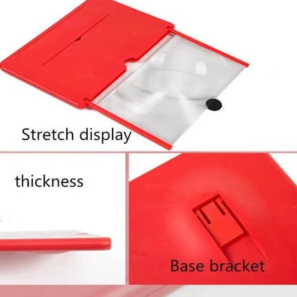 Foldable 12-Inch Screen Magnifier Holder for Smartphones in red with base bracket and stretch display, thin portable design for reduced eye strain