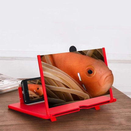 Foldable 12-Inch Screen Magnifier Holder for Smartphones displaying enlarged video on a red foldable stand