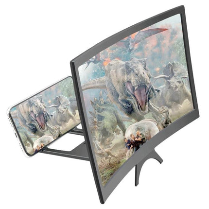 12-Inch Curved Screen Magnifier for Easy Mobile Viewing shown enlarging smartphone video with curved frame and foldable stand