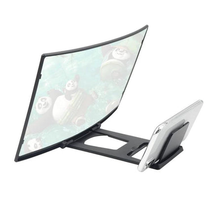 12-Inch Curved Screen Magnifier for Easy Mobile Viewing showing phone in curved frame for larger video and reduced eye strain