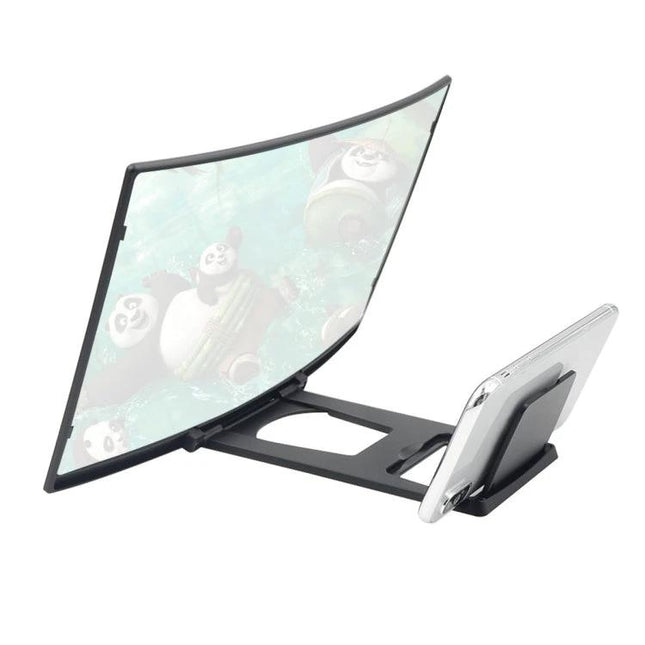 12-Inch Curved Screen Magnifier for Easy Mobile Viewing showing phone in curved frame for larger video and reduced eye strain