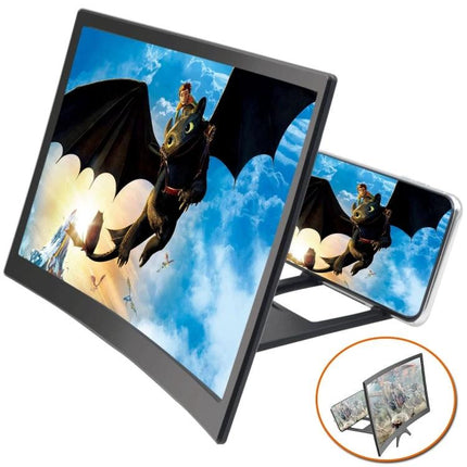 12-Inch Curved Screen Magnifier for Easy Mobile Viewing - black curved frame smartphone screen magnifier showing movie scene