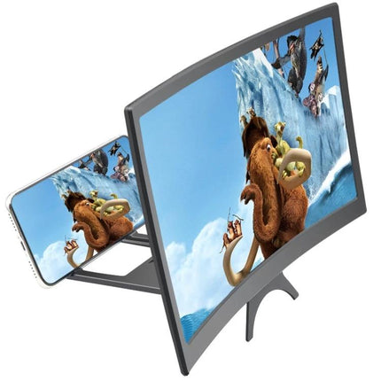 12-Inch Curved Screen Magnifier for Easy Mobile Viewing showing smartphone video playback with curved frame to reduce eye strain