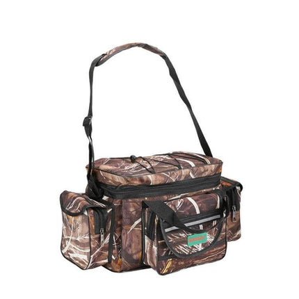 SeaKnight Lure Bag For Fishing Gear Shoulder Messenger in camo nylon with main pocket and multiple exterior pockets for lures and tools