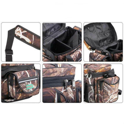 SeaKnight Lure Bag For Fishing Gear Shoulder Messenger in dark khaki camo, open main pocket with dividers and front pockets for lures and pliers