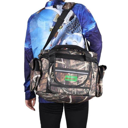SeaKnight Lure Bag For Fishing Gear Shoulder Messenger in camo nylon worn crossbody with multiple pockets and shoulder strap