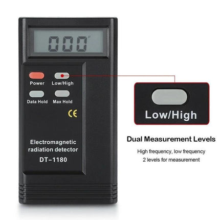 Portable Electromagnetic Radiation Detector for Safety Monitoring - compact handheld EMF meter DT-1180 displaying 000 and Low/High mode