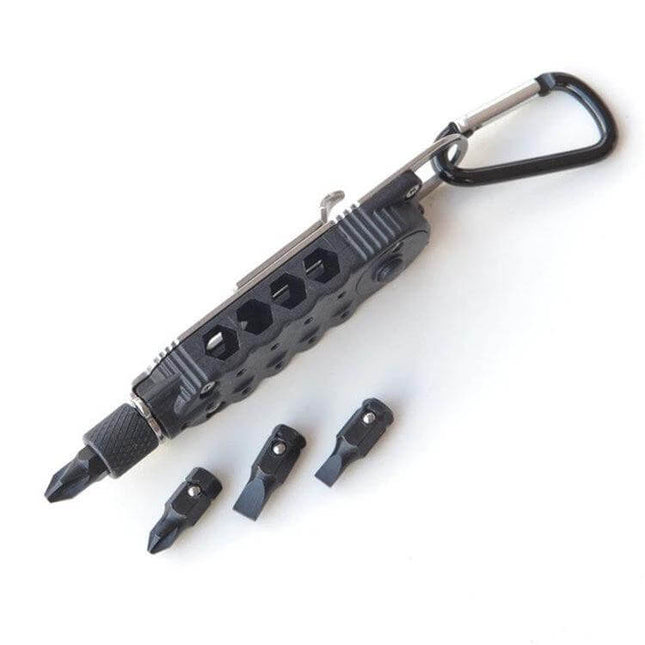Mini Portable Multitool With LED Light For Everyday Quick Fixes compact pocket multitool with carabiner, four screwdriver bits and LED light