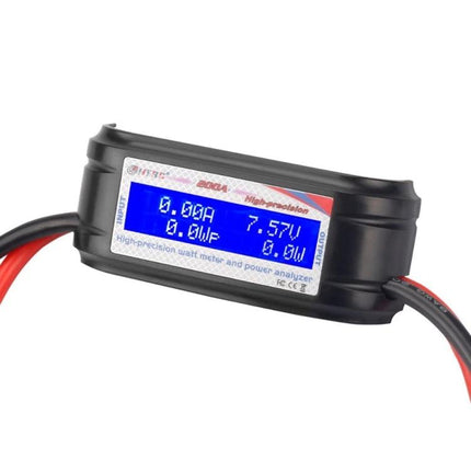 HTRC 200A Current and Voltage Meter for Battery Testing compact watt meter with blue LCD display and red black power leads