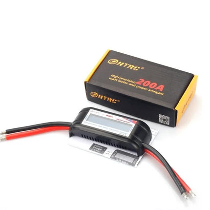 HTRC 200A Current and Voltage Meter for Battery Testing compact battery tester showing display, red and black leads and product box