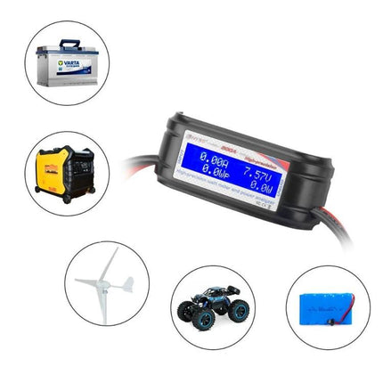 HTRC 200A Current and Voltage Meter for Battery Testing compact meter with LCD display and cables for batteries, generators, wind turbines, RC vehicles