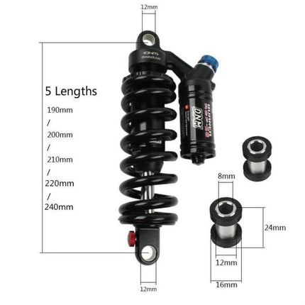 DNM RCP2S Mountain Bike Rear Shock Absorber For AM FR DH - black coil shock with external reservoir, adjustable preload and multiple lengths (190-240mm)