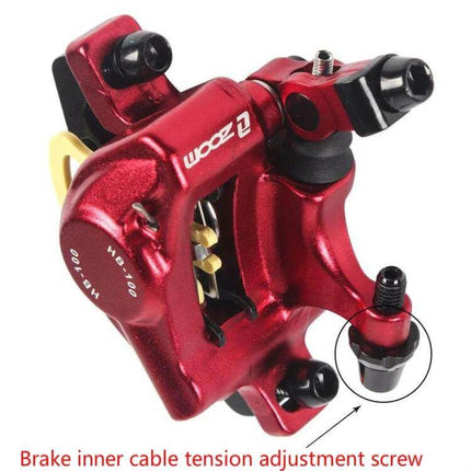 Zoom Mountain Bike Hydraulic Brake Caliper Front And Rear red aluminum alloy dual-caliper close-up with tension adjustment screw