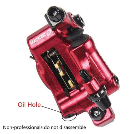 Zoom Mountain Bike Hydraulic Brake Caliper Front And Rear red aluminum alloy close-up showing oil hole and pads, front and rear dual caliper set
