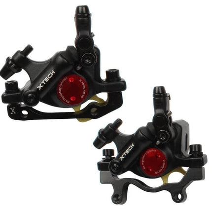 Zoom Mountain Bike Hydraulic Brake Caliper Front And Rear shown as dual aluminum alloy calipers with red adjustment dials, front and rear set for MTB