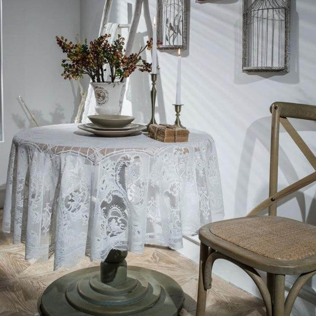 Round Lace Tablecloth Eyelash Lace For Outdoor Dining 150 cm draped on patio table with vintage decor and chair