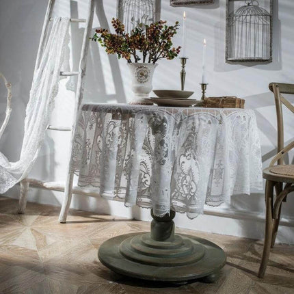 Round Lace Tablecloth Eyelash Lace For Outdoor Dining 150 cm on small patio table with vase and candles, white eyelash edged polyester cloth