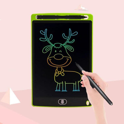 8.5-Inch LCD Handwriting Board for Children's Drawing and Writing - green tablet with stylus and child drawing a colorful reindeer