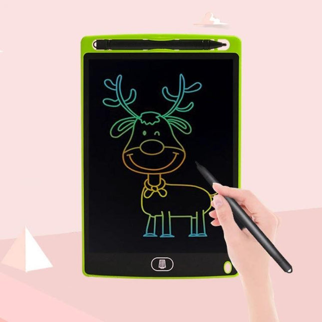 8.5-Inch LCD Handwriting Board for Children's Drawing and Writing - green tablet with stylus and child drawing a colorful reindeer