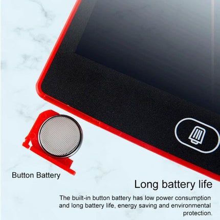 8.5-Inch LCD Handwriting Board for Children's Drawing and Writing shown with red frame, pressure-sensitive screen and replaceable button battery