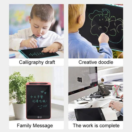8.5-Inch LCD Handwriting Board for Children's Drawing and Writing showing kids doodling, calligraphy practice, family messages and desk use