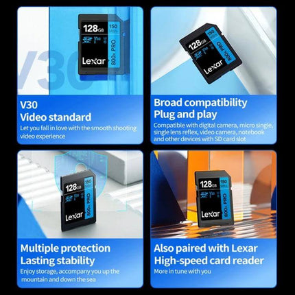 Lexar 64GB High-Speed SD Card for Professional SLR Cameras showing card in quad promotional panels, V30 video standard, compatibility and protection