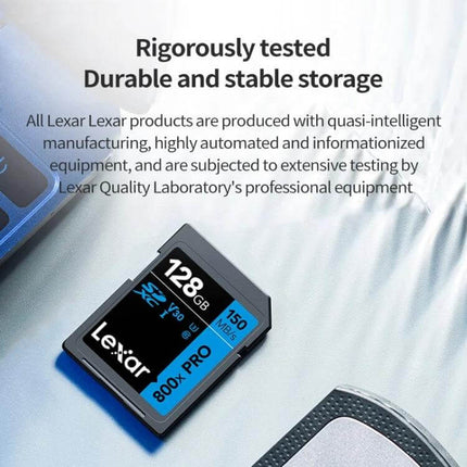 Lexar 64GB High-Speed SD Card for Professional SLR Cameras shown next to camera gear, durable high-speed storage for 4K video and burst photography