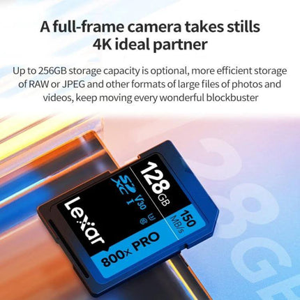 Lexar 64GB High-Speed SD Card for Professional SLR Cameras shown as high-speed 128GB-style card mockup emphasizing 4K video and fast transfer