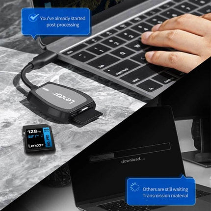 Lexar 64GB High-Speed SD Card for Professional SLR Cameras connected to laptop via card reader for fast 4K photo and video transfer