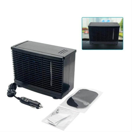 12V Car Air Cooler Fan for Small Cars, Compact 20x18x15 cm on dashboard with cigarette lighter plug and accessories