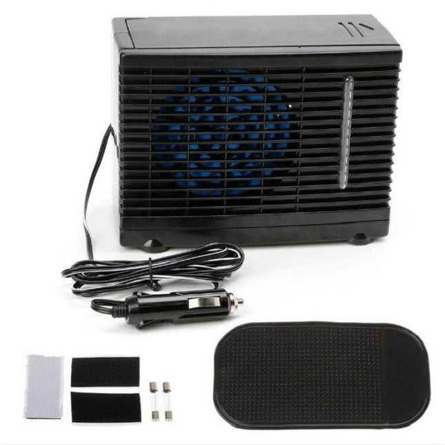 12V Car Air Cooler Fan for Small Cars, Compact 20x18x15 cm - black portable dashboard cooler with cigarette lighter plug and two-speed fan