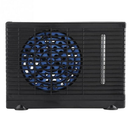 12V Car Air Cooler Fan for Small Cars, Compact 20x18x15 cm — black compact dashboard cooler with blue fan, water reservoir and cigarette lighter power cord