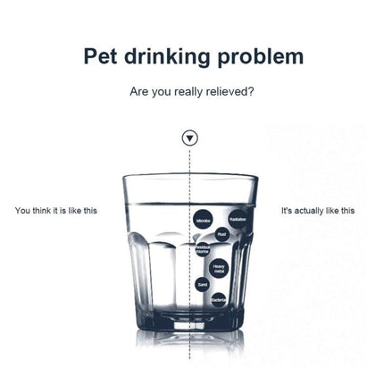 Daily Pet Water Dispenser for Home Hydration Needs showing glass with contaminants vs clean flow to illustrate filtration benefits