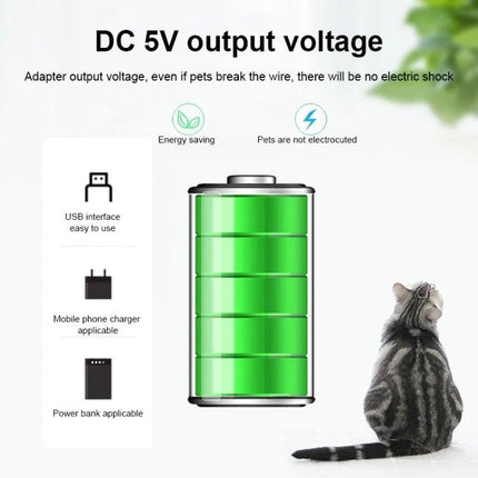 Daily Pet Water Dispenser for Home Hydration Needs showing USB 5V output, energy-saving battery icon and cat