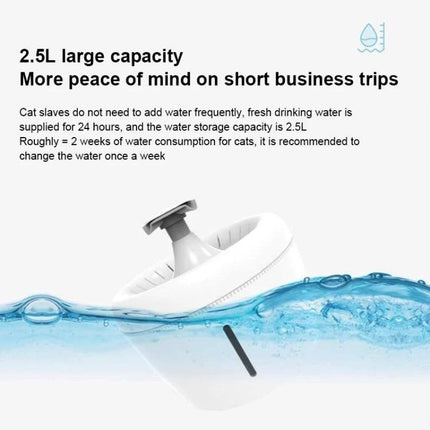 Daily Pet Water Dispenser for Home Hydration Needs showing 2.5L large capacity fountain with steady fresh-flow for cats while owners travel