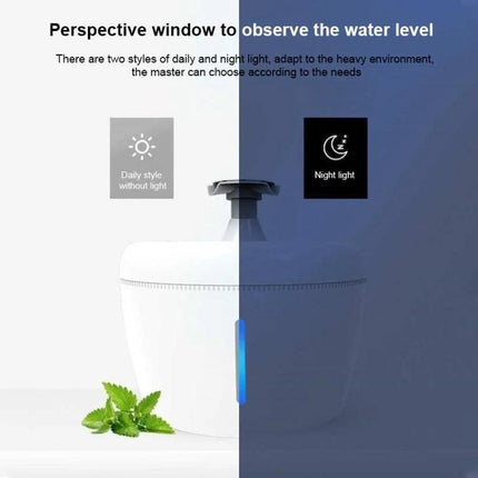 Daily Pet Water Dispenser for Home Hydration Needs showing perspective water-level window with day and night light modes