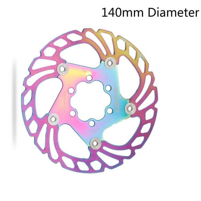Floating Disc Rotor For Road And Mountain Bikes 140 160 180 203mm — 140mm rainbow titanium 6-bolt rotor with aluminum alloy carrier and stainless steel braking ring
