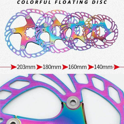 Floating Disc Rotor For Road And Mountain Bikes 140 160 180 203mm - colorful 6-bolt stainless steel outer ring with aluminum alloy inner, 44mm center hole