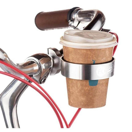 Aluminum Cup Holder for Bikes and Scooters to Hold Coffee Cups mounted on bicycle handlebar with paper coffee cup