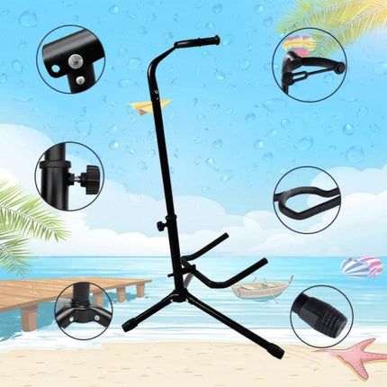 Folding Stand for Holding Guitars During Home PracticeSessions black adjustable tabletop and floor guitar stand with padded arms and foldable tripod base