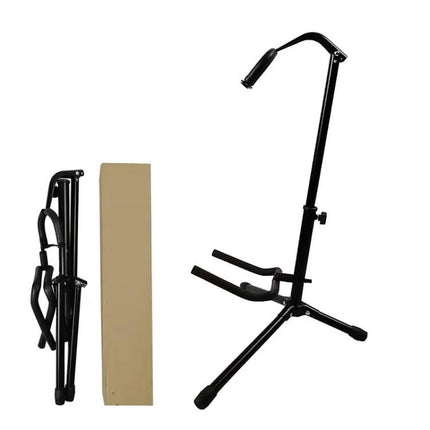 Folding Stand for Holding Guitars During Home PracticeSessions – black folding guitar stand on table or floor, compact and stable for home practice